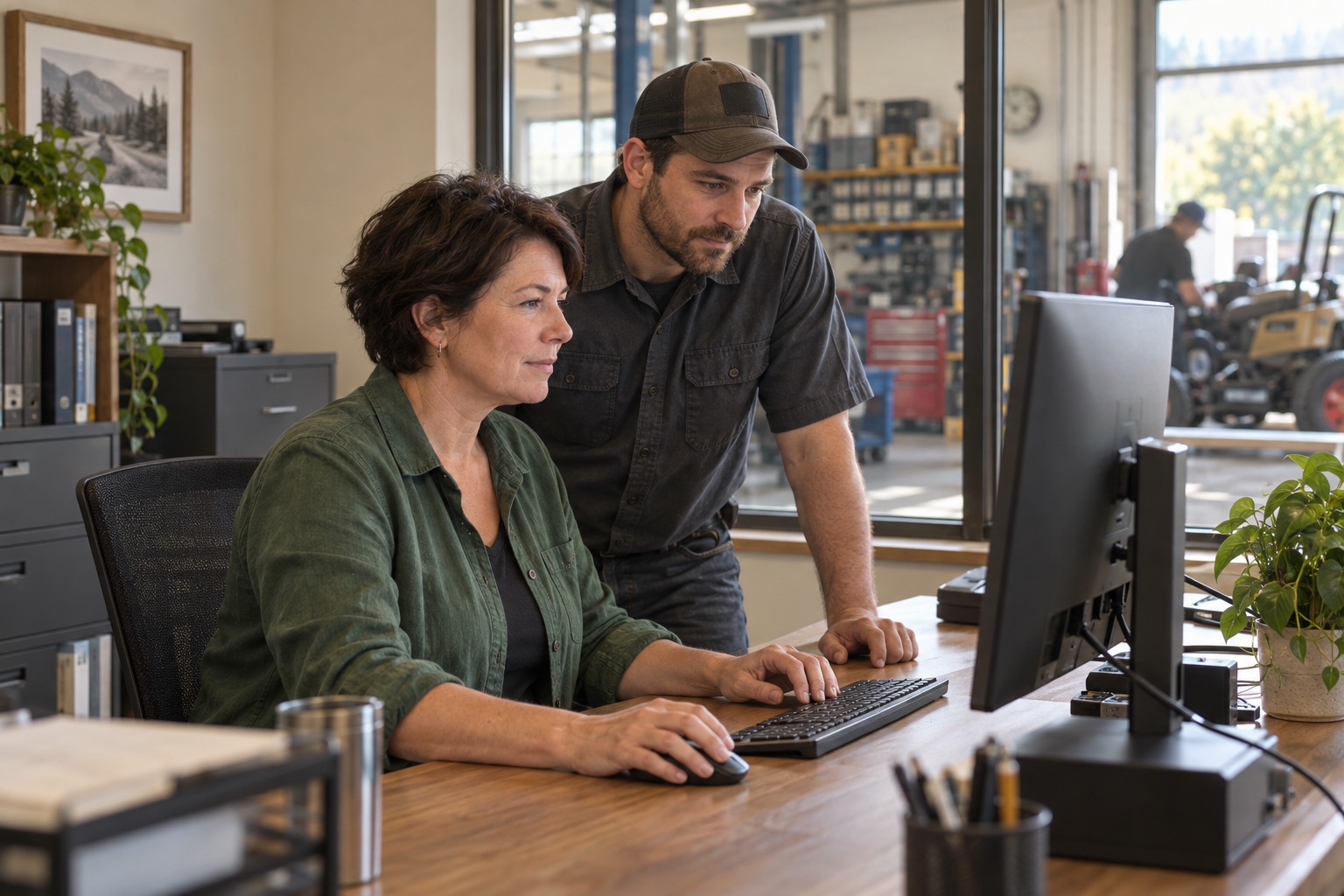 Illustrative scene of a business owner and colleague using a computer in an independent repair business